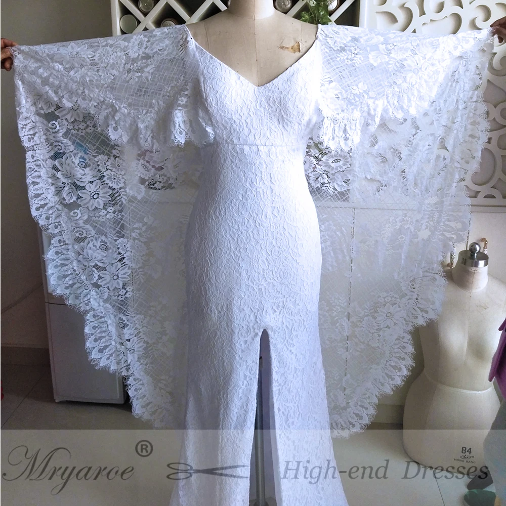 Mryarce New Unique French Lace Bohemian Wedding Dresses Open Back Front Slit Boho Chic Bridal Gowns With Cape  (4)