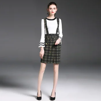 

european fashion women horn sleeve knit cloth white sweater 2017 fall new braces skirt lady suits design outfit 2 pcs clothing