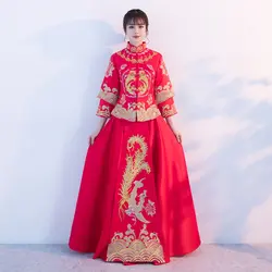 Новый элегантный китайский Для женщин длинное Ципао красный Вышивка Стиль свадьба Cheongsam костюм классический Феникс Королевский платье