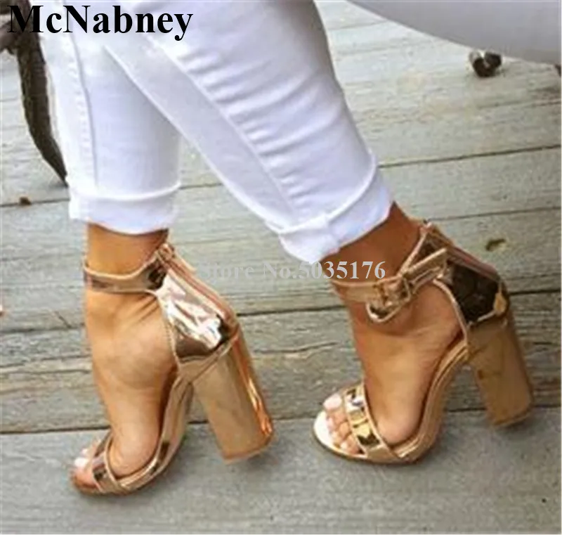 

Gold New Ankle Strap Buckle Zip Fashion Party Ladies Shoes Peep Toe Women Sandals High Hoof Heel Cover Heel Dress Women Shoes