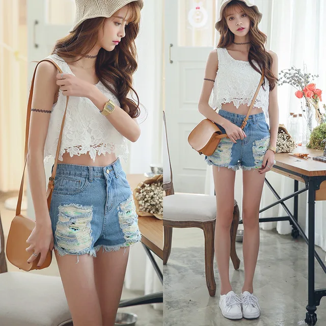 2015 Summer Fashion Sexy Female Models Hole Denim High