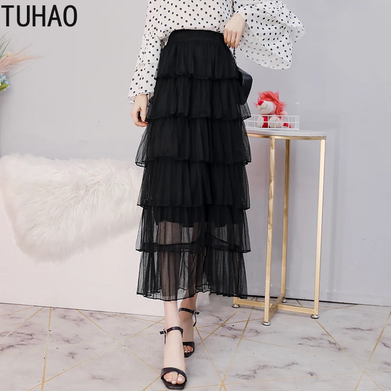 TUHAO 2019 весна лето женские весенние сетчатые юбки пляжные шикарные женские эластичные с высокой талией Тюлевая юбка черные длинные юбки
