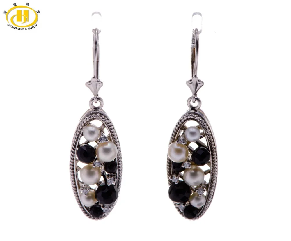 

Hutang Vintage Dangle Earrings Freshwater Pearl & Black Agate Solid 925 Sterling Silver Fine Jewelry For Women's Free shipping