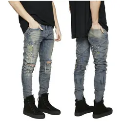 2017 модные новые мужские колено с большим отверстием эластичные самокультивируемые Маленькие ноги джинсы чернильно-красные мужские джинсы