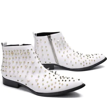 

Korean Style white rivet personality stage dress boots zipper ankle fashion Novelty men shoes