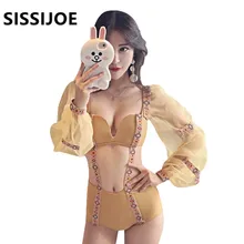 Сексуальный желтый длинный Бишоп рукав сетка трикини бандажный купальный костюм Монокини пуш-ап с высокой талией купальники женский цельный купальник