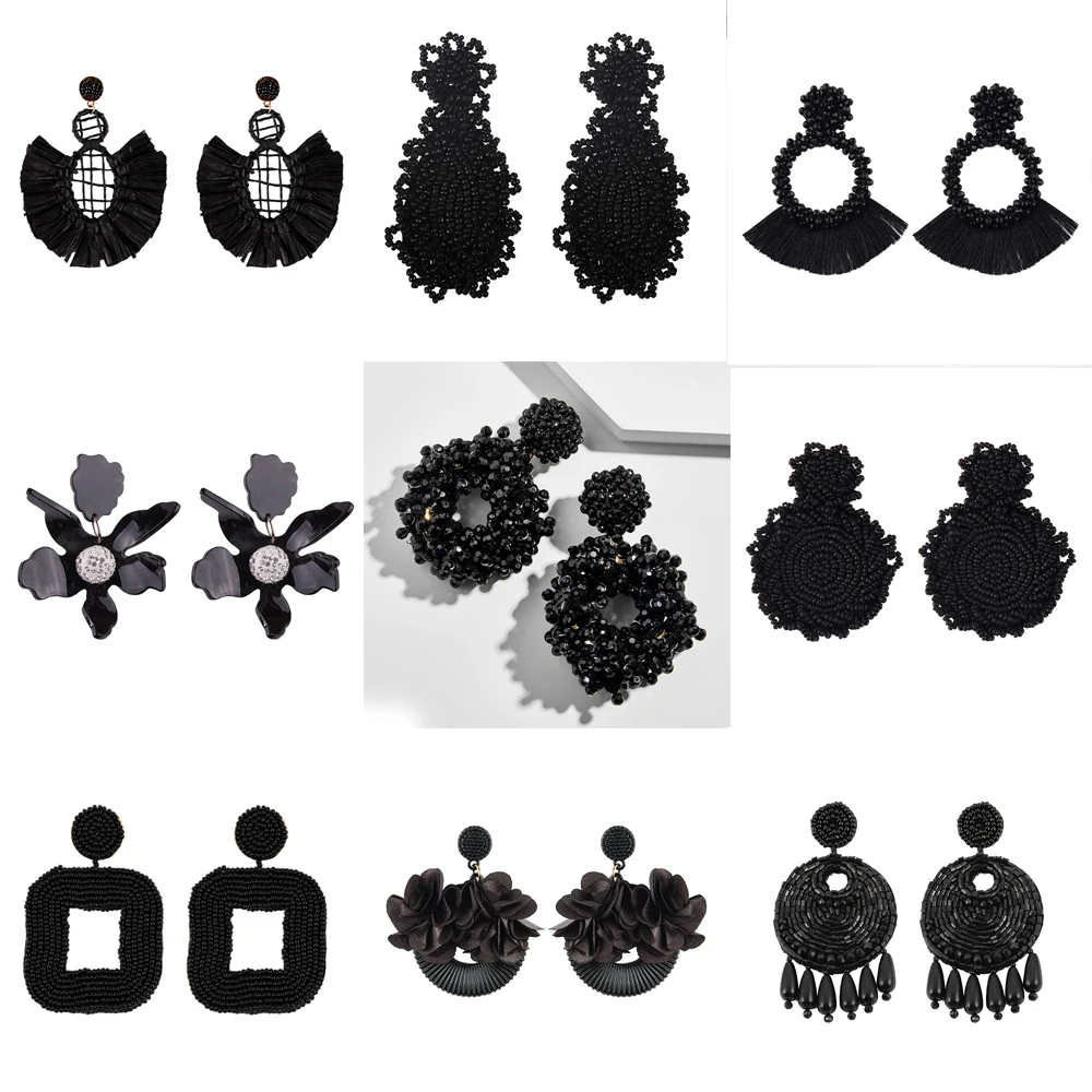 

Best lady Black Beaded Pendant Drop Earrings for Women Boho Handmade Black Fringed Tassel Dangle Statement Earrings Party Gift