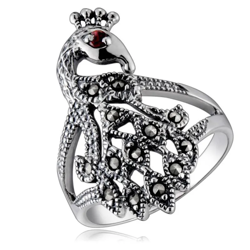 

RADHORSE 925 Silver Rings for Women Fine Jewelry Black jade peacock luxurious Modeling Sterling Silver Ring Adjustable Silver