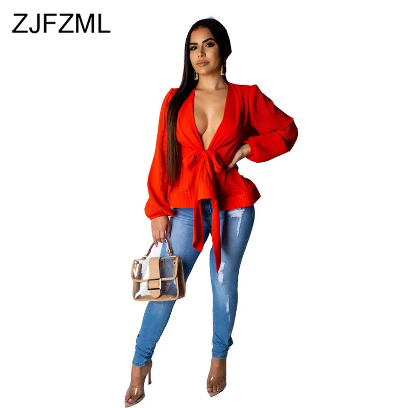 

Front Bow Tie Up Sexy Chiffon T Shirt Women Deep V Neck Long Lantern Sleeve Slim Top Summer Neon Yellow High Waist T-Shirt Tees