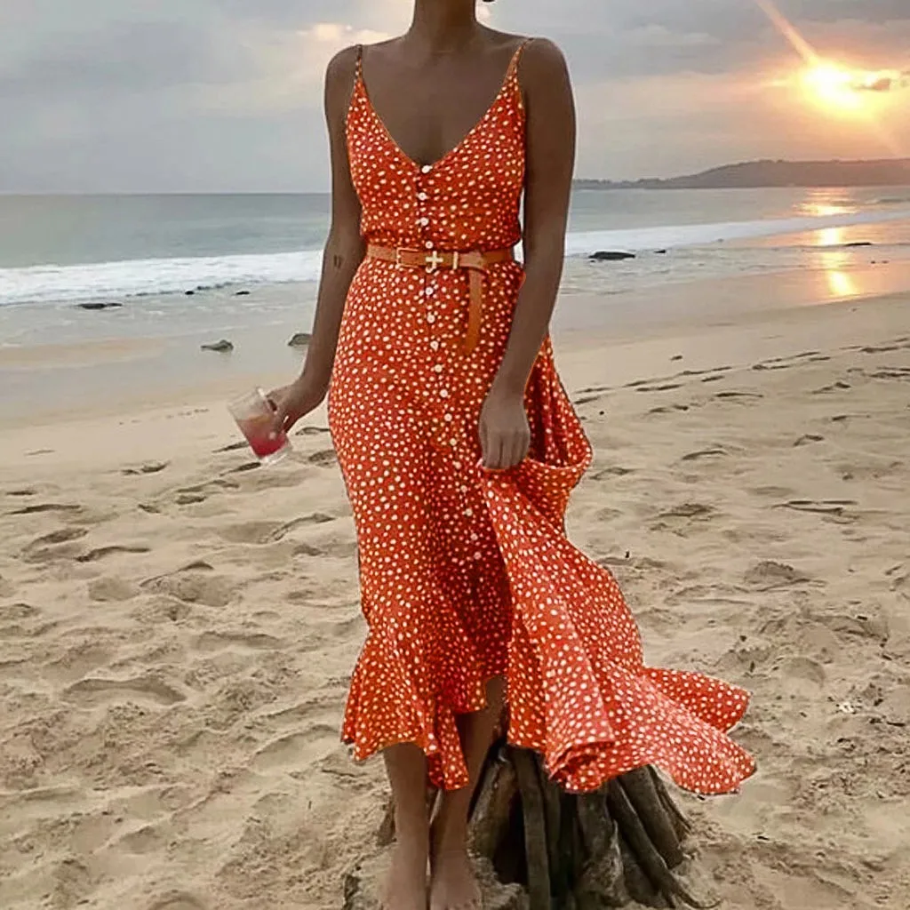 

Women's V Neck Summer Button Floral Ruffled Print Dress Ladies Holiday Beach