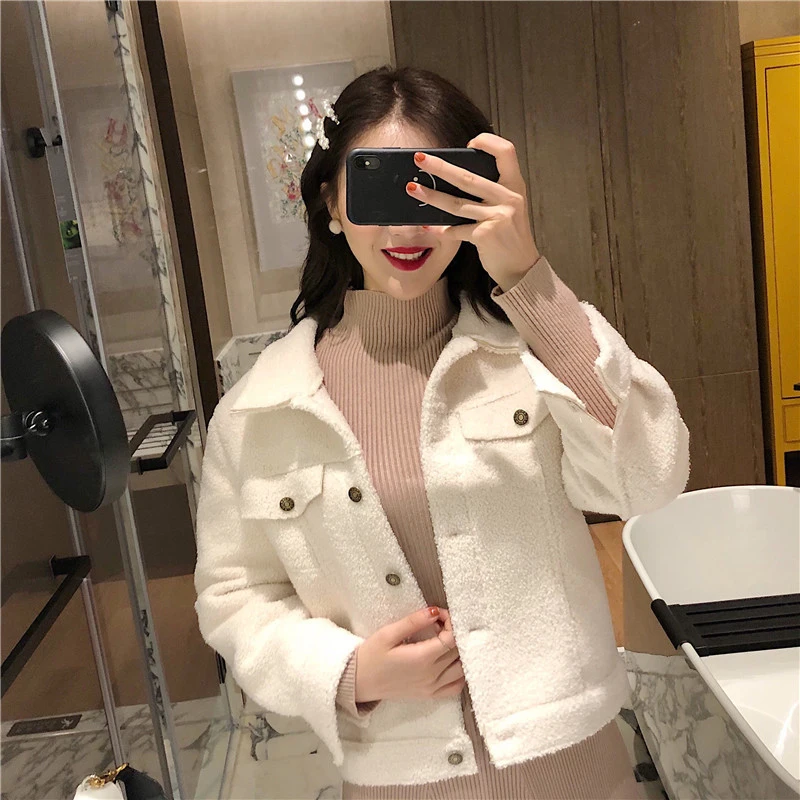 Pink Fur Coat Lamb Women Coat Streetwear Fleece Jacket  Fur Wool Short Jacket Womens Winter Coats Single-Breased Vintage Jacket