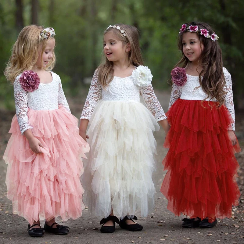 

2019 Summer Kids Baby Girls Toddler Dresses Long Sleeve Party Prom Costume Girl Lace Tutu Layered Dress Pageant Dancing Frocks