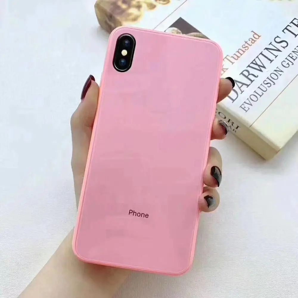 Милый чехол из закаленного стекла Macaron для iPhone X 11 Pro Чехол для Xs Max XR 8 Plus 7 6 защитная задняя крышка модный жесткий чехол - Цвет: Розовый