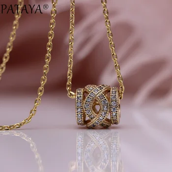 

PATAYA New Wedding Luxury Long Necklaces White Natural Zircon Hollow Pendants 585 Rose Gold Women Wave Bead Fine Fashion Jewelry
