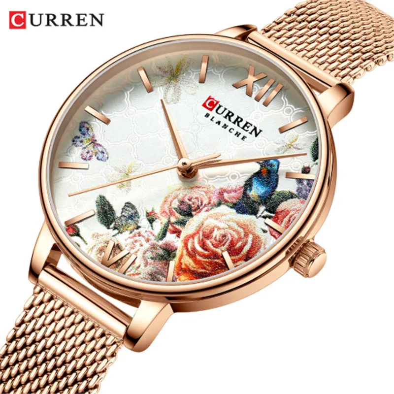 

CURREN Flower Dail Design Watches Women Fashion Casual Meah Steel Wristwatch Ladies Watches Female Quartz Watch 9060