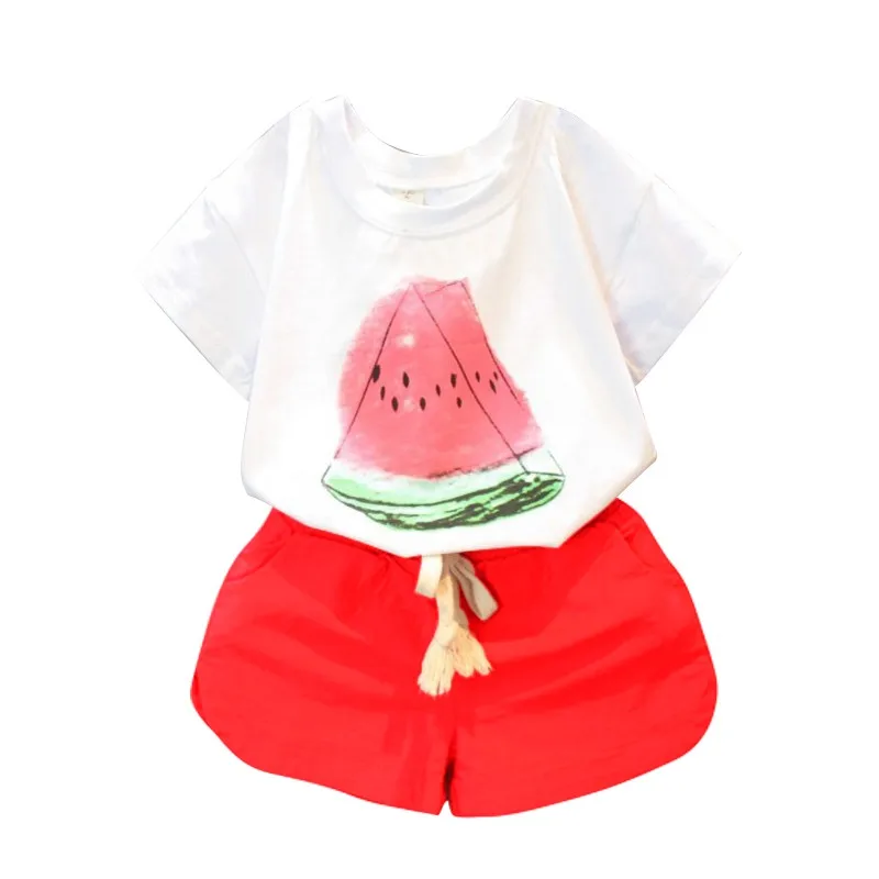 

2 3 4 5 6 7 8 Year Girls Summer Clothes 2018 New Cotton Casual Kids Suits Watermelon Pattern Shirts Shorts Children Clothing Set