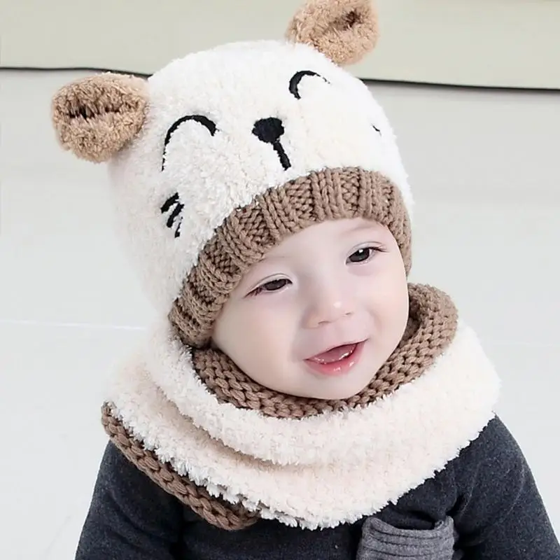 

2 PCS Baby winter Hat and Scarf Set Cap Embroidery Cat earmuffs Warm Hat