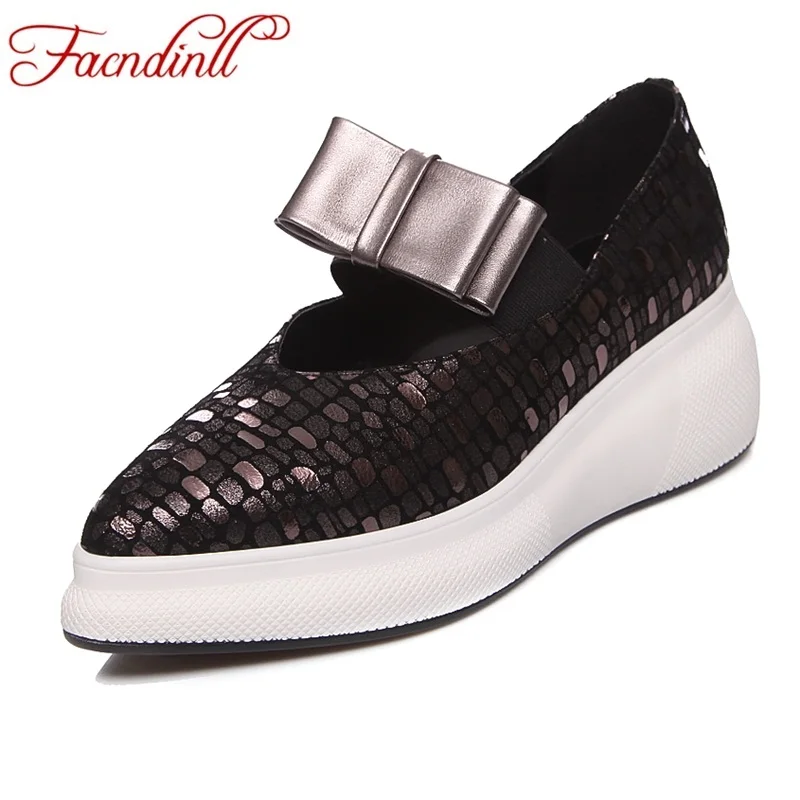 

FACNDINLL new 2019 spring shoes woman pumps genuine leather wedges high heels pointed toe platform dress party casual shoes