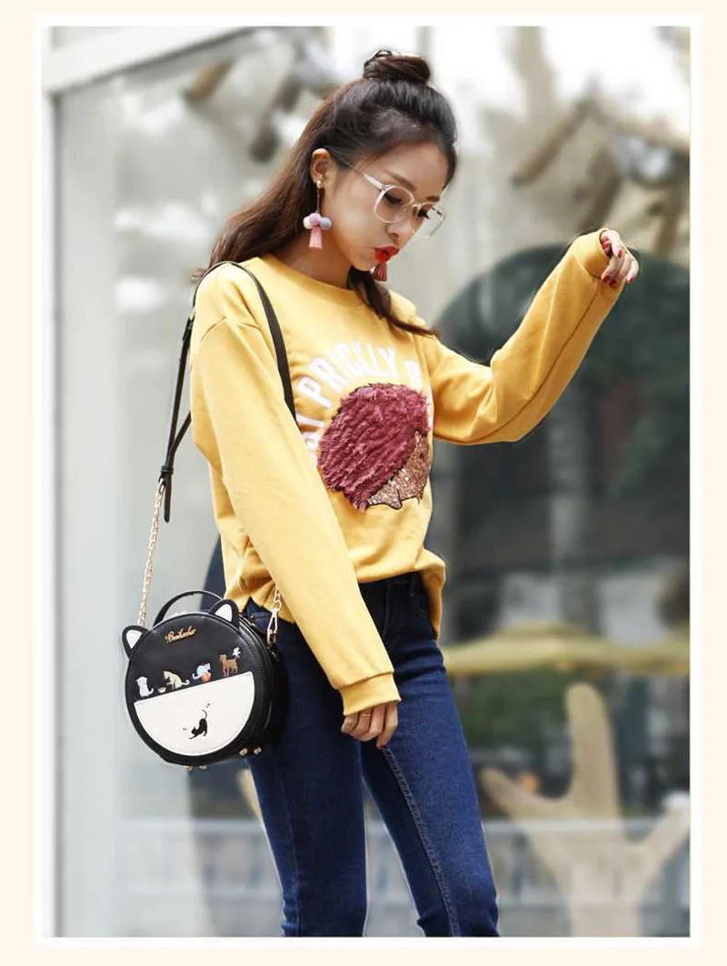 Cute Embroidery Cat Messenger Bag Women Small Circular Ears Crossbody Bags Teenage Girls Chain Shoulder Bag Mini Handbag XA25B