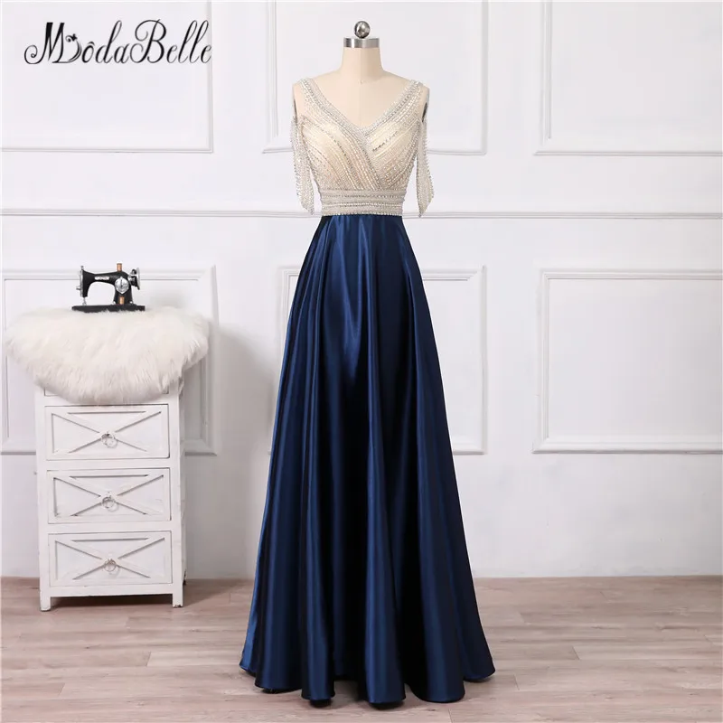 

modabelle Vintage Beaded Navy Blue Prom Dresses Off The Shoulder Floor Length Vesrido De Festa 2018 Rhinestone Evening Gown