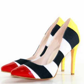 

SHOFOO shoes.Elegant new women's shoes , multi color cloth stitching, about11 cm high-heeled shoes, pointed toe pumps.SIZE:34-45
