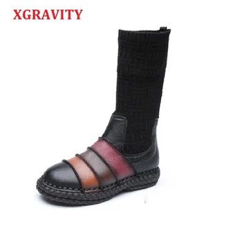 

XGRAVITY Hot 2018 Anti-slip Women Snow Boots Elegant Genuine Leather Mixed Colors Lady Fashion Boots Vintage Ethnic Shoes A034