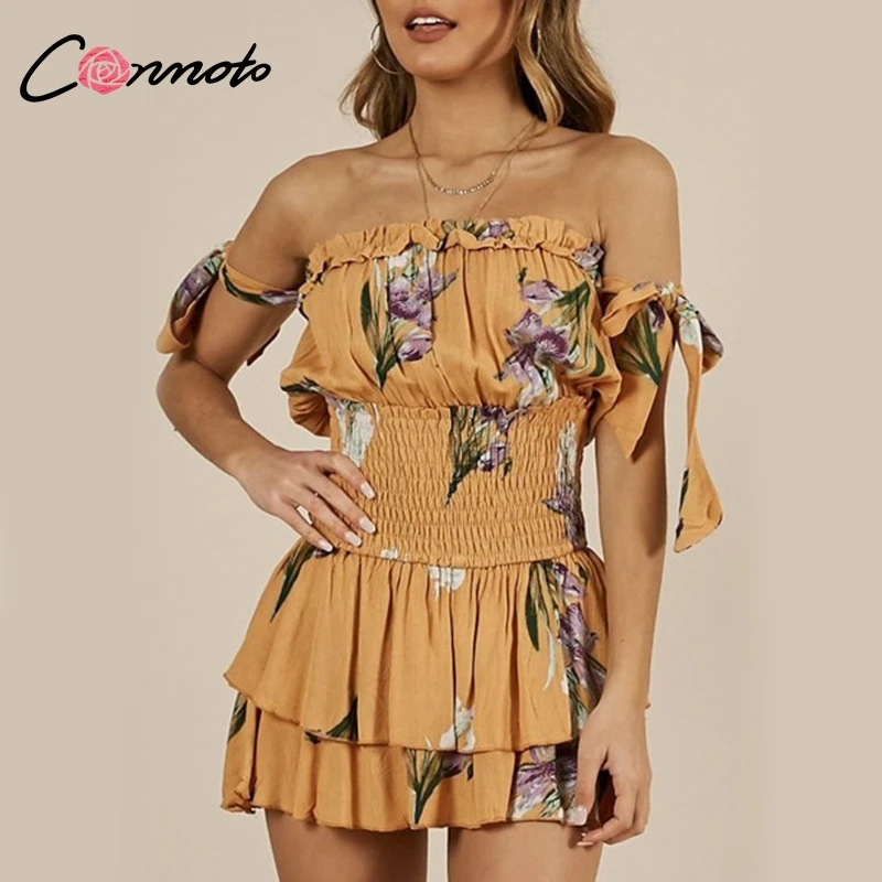 

Conmoto Sexy Boho Print Romper Women 2019 New Summer Off Shoulder Lace up Short Jumpsuit Slim High Waist Sleeveless Playsuit