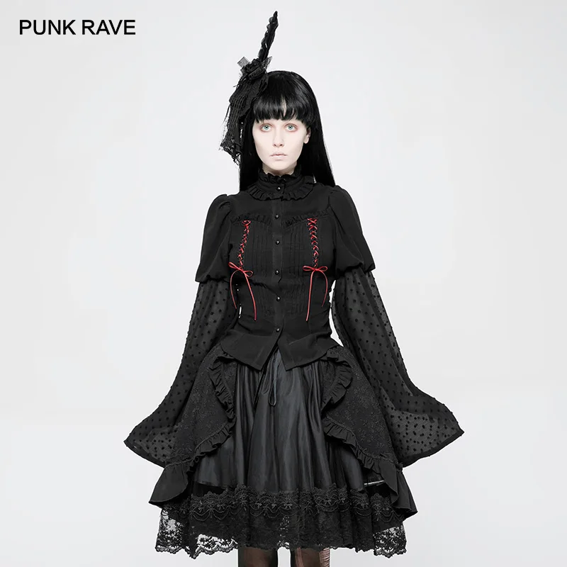 

PUNK RAVE Japanese Fashion Lolita Fashion Butterfly Knot Trumpet Sleeve Girls Shirt Gothic Party Club Women Blouse Tops Cosplay