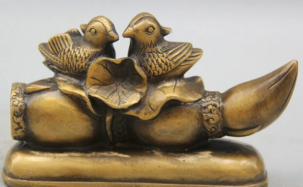 

JP S0524 6" Chinese Copper Fengshui Folk Two bird lotus root Leaf mandarin duck Statue