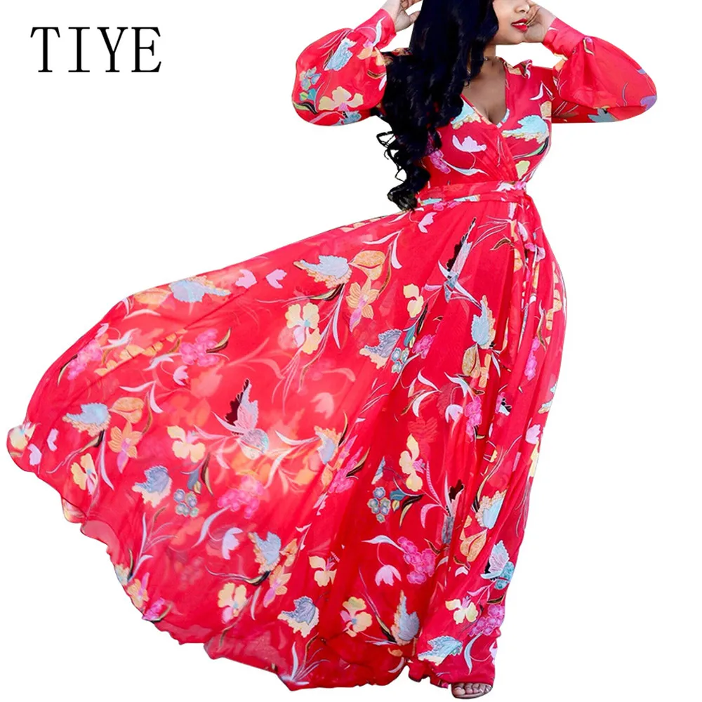 

TIYE New Women's Chiffon Deep V-neck Print Dress Autumn Long Sleeve Hollow Out Maxi Floor-length Dress Vintage Plus Size XXL