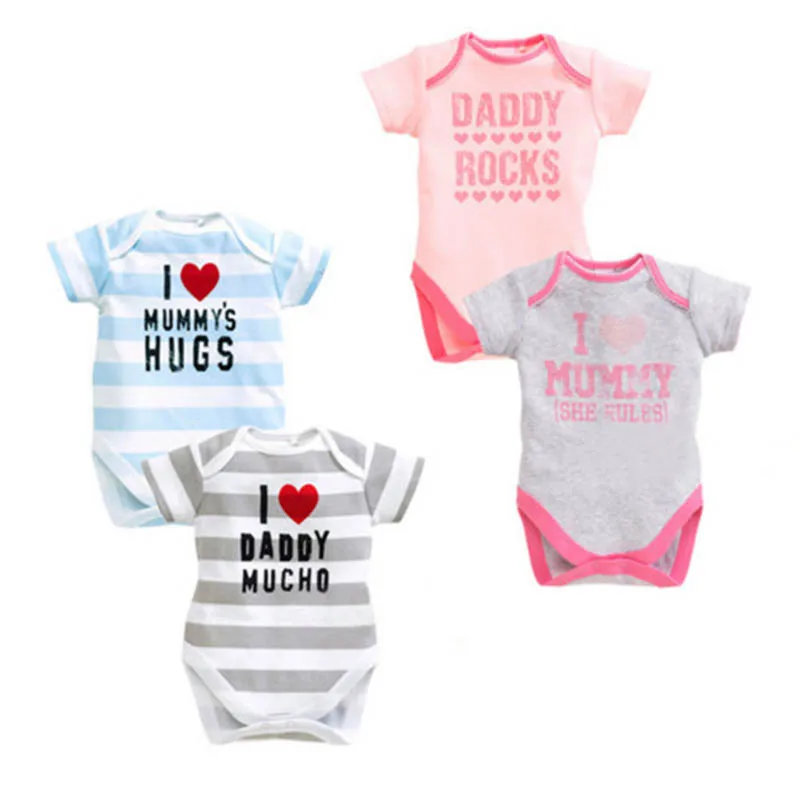 

100% COtton 2017 New style Love daddy mummy Short sleeve Summer rompers Baby boy girls toddler clothing jumpsuits