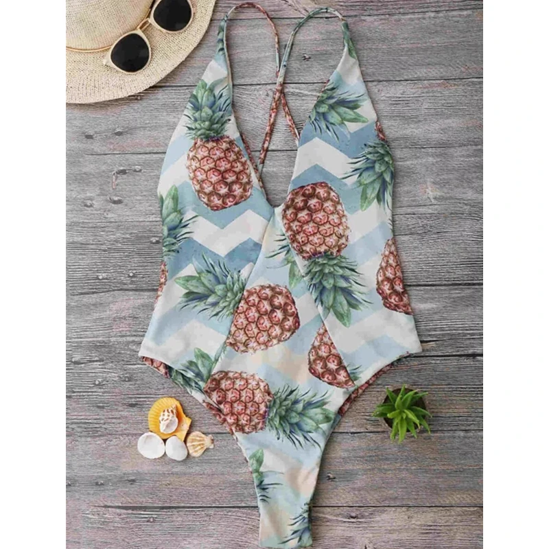 

Women's One Piece Swimsuit Pineapple Pattern Monokini Backless Bandage Swimwear Bathing Suit Push Up Bikini Beach Swimming Suits