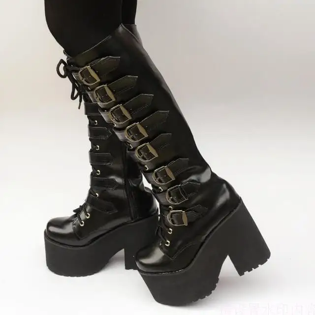 Japanese Harajuku High Platform Chunky Heel Cosplay Knee-High Boots Women Black Leather Belt Buckle Gothic Punk High Boots Zip