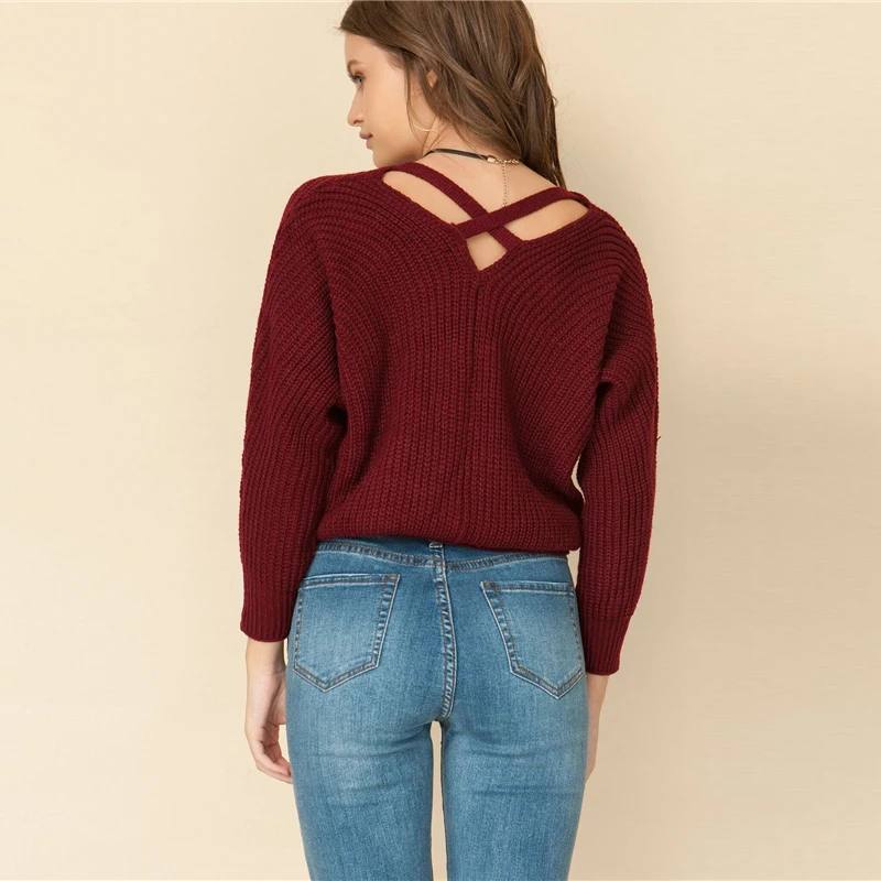 Sheinside, бордовый вязаный свитер с рукавом летучая мышь, женский джемпер с перекрещивающимися на спине, осень, Женский пуловер с v-образным вырезом, свитера