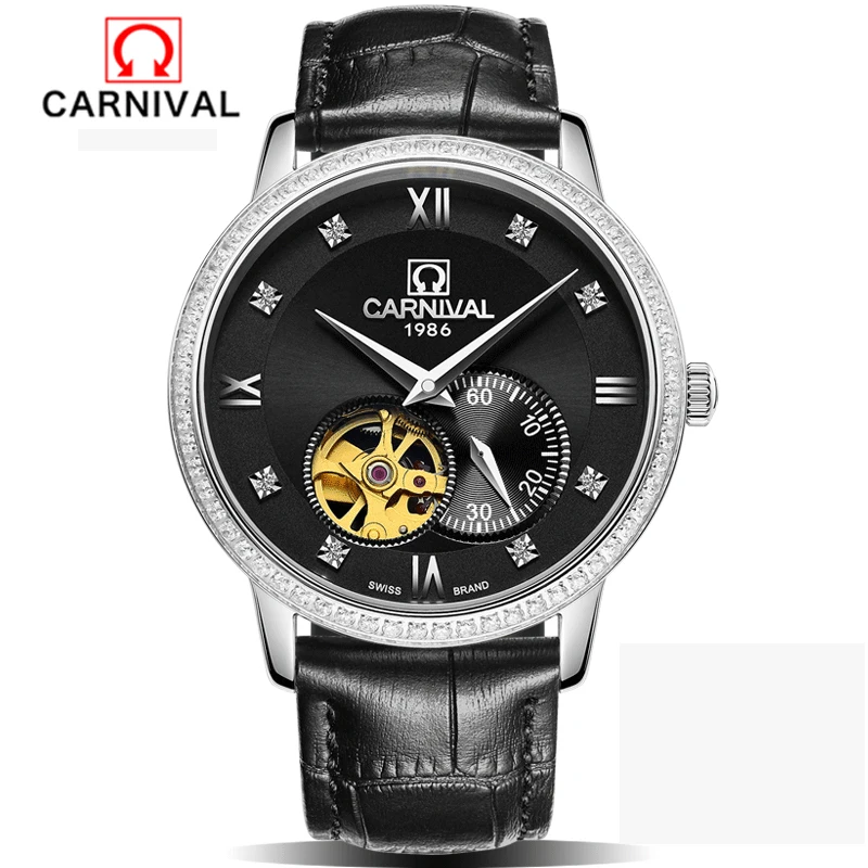 

Carnival Top Brand Luxury Automatic Watch Black Skeleton Designer Blue Engraving Clock Men Leather Strap Mens Watches Montre Hom