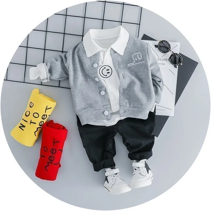 Демисезонный одежда для маленьких мальчиков и девочек детская куртка, футболка и штаны, 3 шт./компл. для детей, Детский спортивный костюм, хлопковые детские костюмы Детский костюм - Цвет: KL daxiang Grey