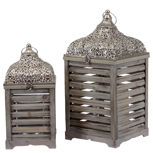 Paneled Wooden / Metal Lantern Set of Two w/ Beautifully Crafted Metallic Roof