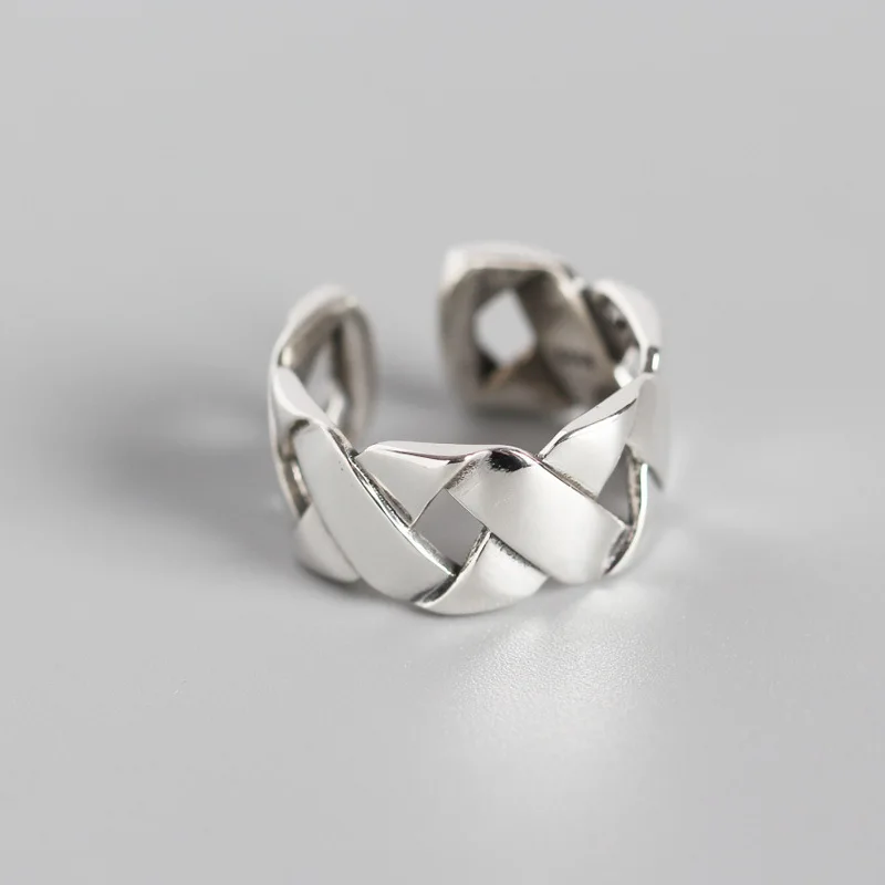 

New Hot Sale Real Silver Personality Weaving Open Rings For Women 925 Sterling Silver Wide Face Simple Silver Ring Jewelry