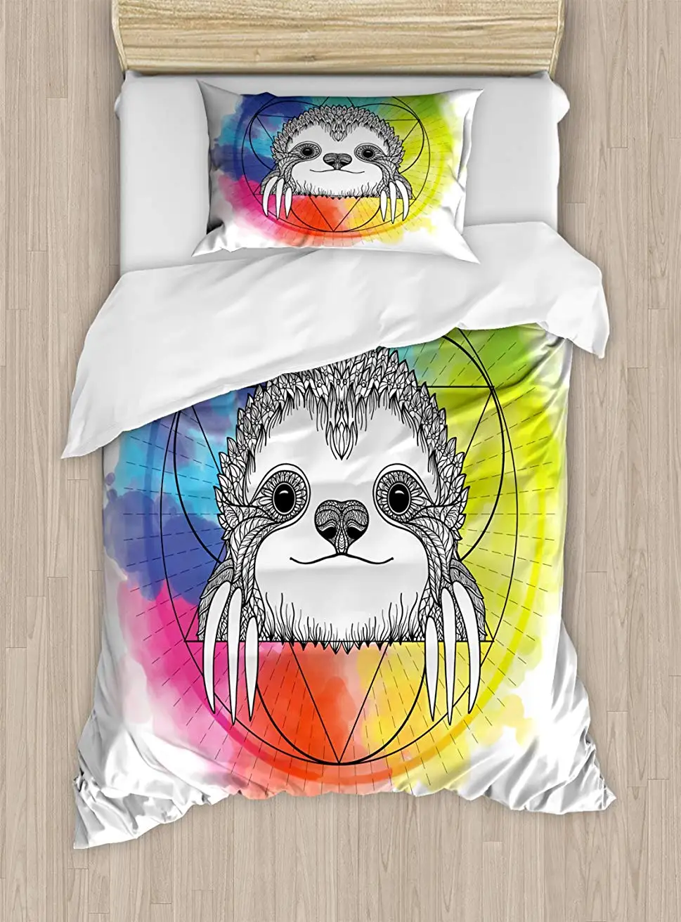 

Humor Duvet Cover Set Rainbow Colored Backdrop Image with Sketchy Happy Smiling Cartoon Sloth Art Print 2 Piece Bedding Set