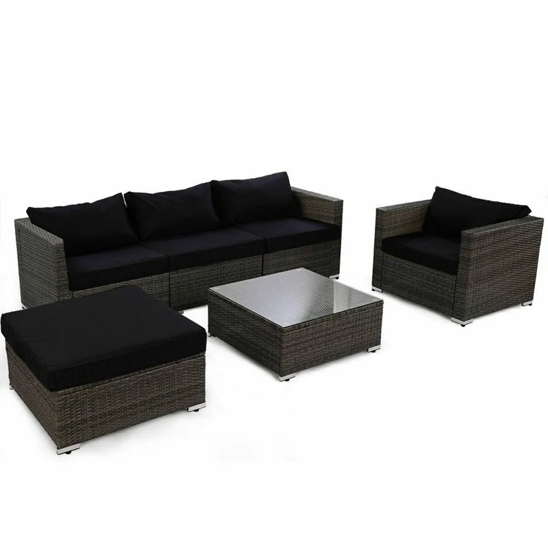 

Strong Steel Frame Rattan Wicker Patio Sofa Set with Black Cushion Soft Sponge Padded Tempered Glass Outdoor Furniture HW60374+