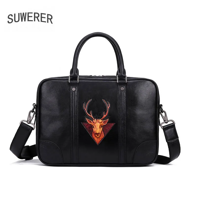 SUWERER 2019 New men Genuine Leather bags Handmade Carved luxury fashion cowhide tote men bags designer Men's briefcase