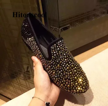 

Golden Rhinestones Women Flat Shoes Sapato Feminino Round Toe Crystal Casual Women Shoes Genuine Leather Flats Women Loafers