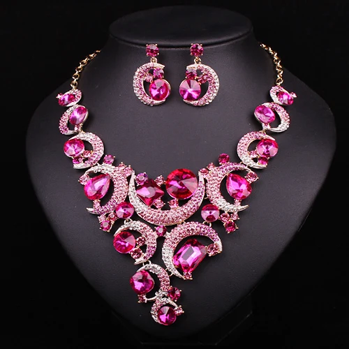 Fashion Pink Crystal Gold Color Necklace Earrings Jewelry Sets Fashion Pink Crystal Gold Color Necklace Earrings Jewelry Sets Bridal Wedding Accessories Party Prom Jewellery Gift