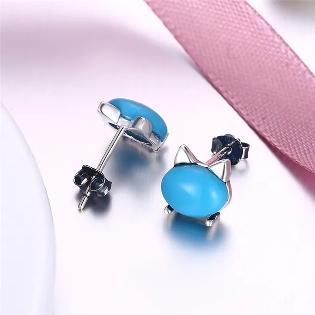 Vintage Cat Head With Natural Stone Stud Earrings Fashion Real 925 Vintage Cat Head With Natural Stone Stud Earrings Fashion Real 925 Sterling Silver Earring Blue