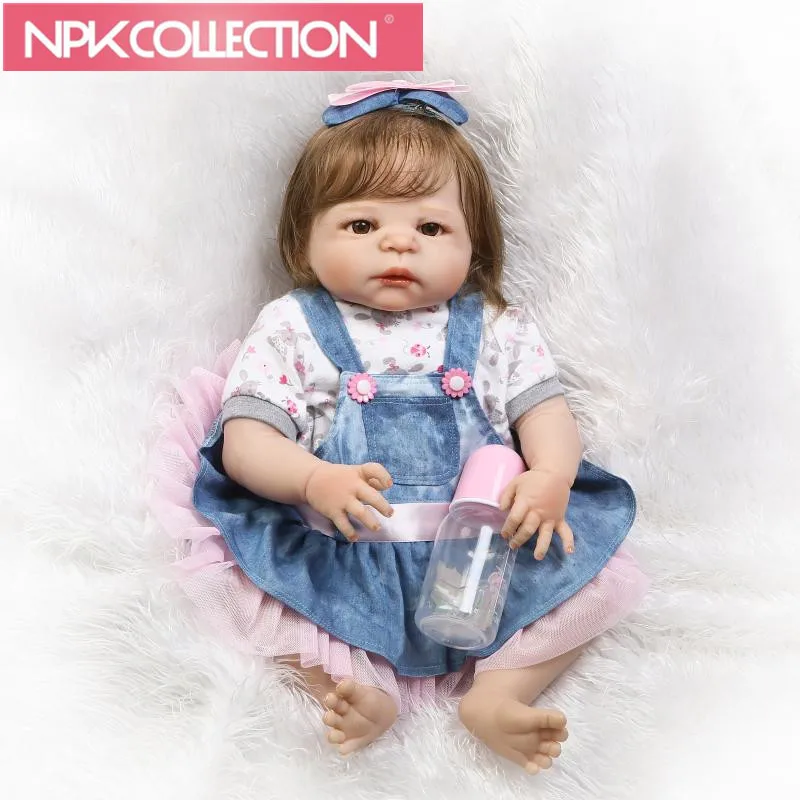 

23" Full Body Silicone Reborn Baby girl Doll Toys smooth fiber hair rooted bebe alive reborn bonecas kids gift doll toys N123-4