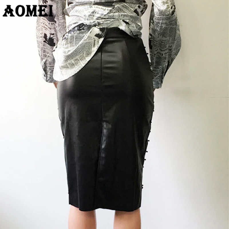 Офисная Женская юбка-карандаш из искусственной кожи, облегающая, облегающая, с разрезом, с бусинами, одежда для работы, женская, осенняя, элегантная, Jupes Saia falda, официальная одежда