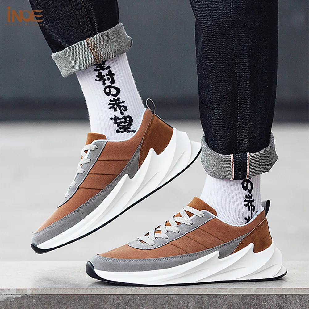 

INOE Genuine Leather Spring Sneakers for Men Casual Shoes Breathable Flats Light Sole Autumn Man Leisure Shoes Brown Beige