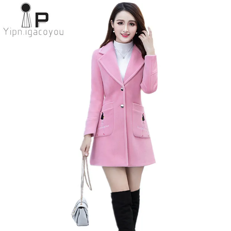 Элегантное зимнее женское пальто Мода Большой размер искусственная шерстяная куртка Корейская новая Студенческая розовая куртка тонкая теплая Длинная женская куртка