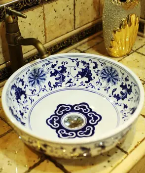 

Blue white Chinese Europe Vintage Style Art wash basin Ceramic Counter Top Wash Basin Bathroom Sinks bathroom sinks vessel bowls