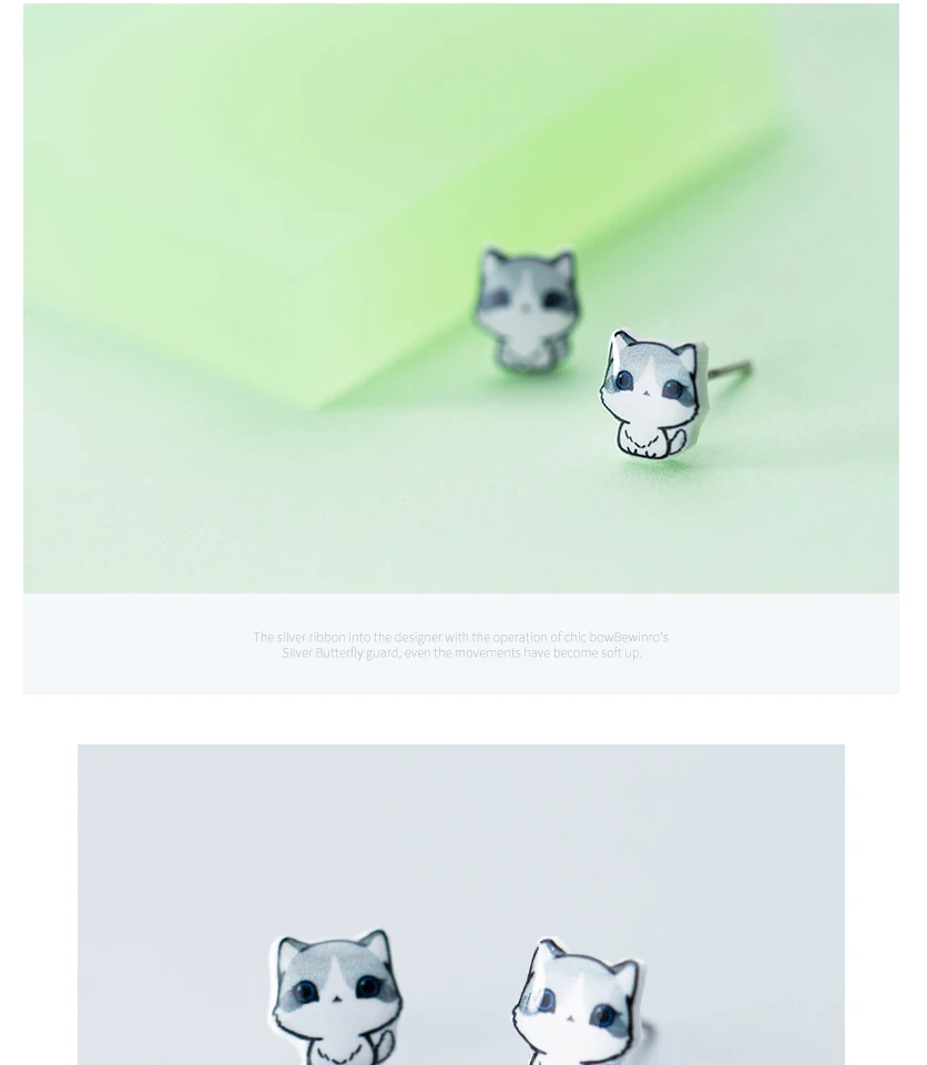 2018 100% 925 Real Sterling Silver Fashion Women's Cute Animal Cat Stud Earrings Gift For Girls Kids Lady oorbellen kinderen (1)